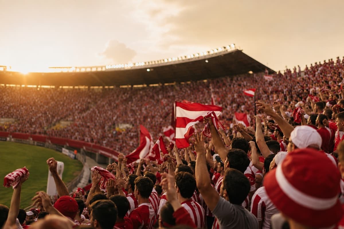 Torcida de vermelho e branco comemorando com bandeiras erguidas numa arquibancada lotada ao pôr do sol