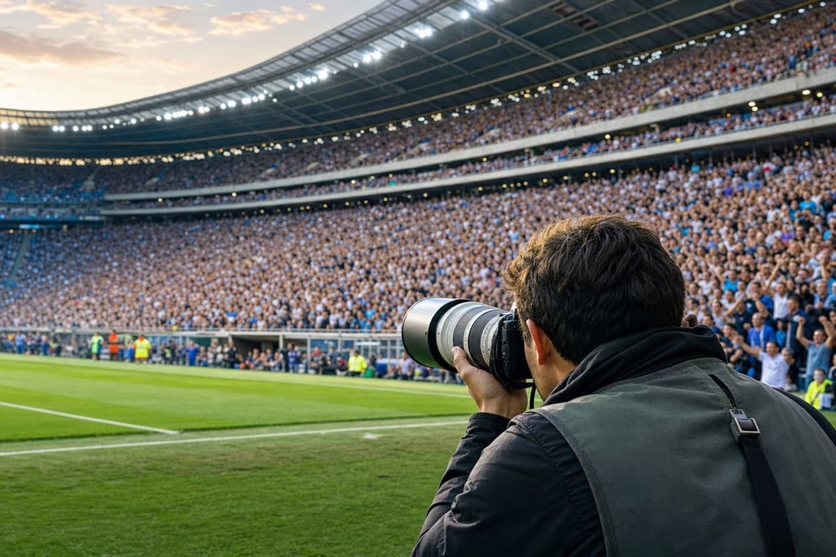Fotógrafo à beira do campo fotografando um estádio com a arquibancada lotada